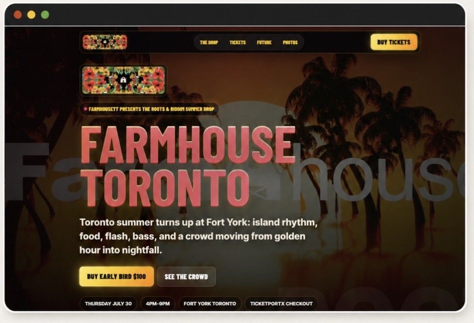 Original delivered Farmhouse Toronto event page with event artwork and ticket content