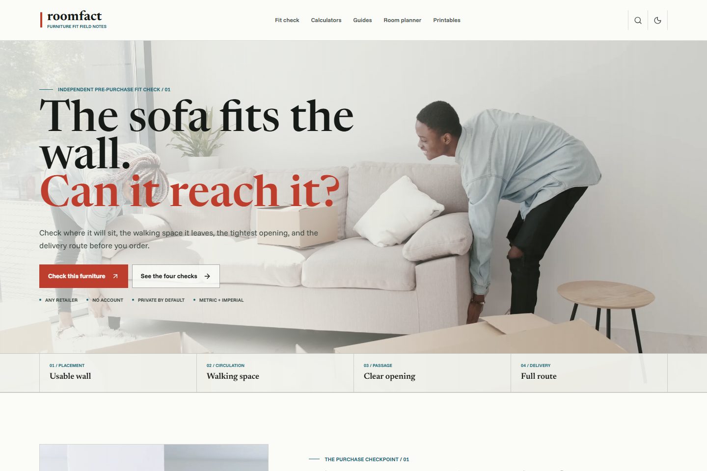 Live RoomFact homepage showing the furniture fit-checking experience